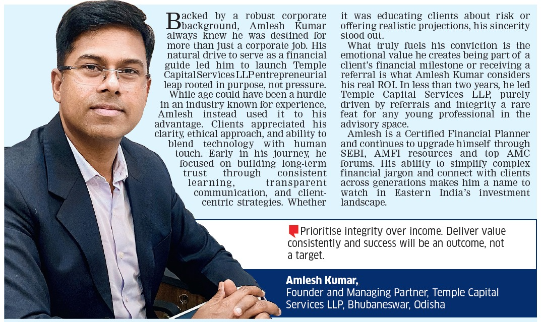 Newspaper profile of Amlesh Kumar with his portrait and the headline Prioritise integrity over income