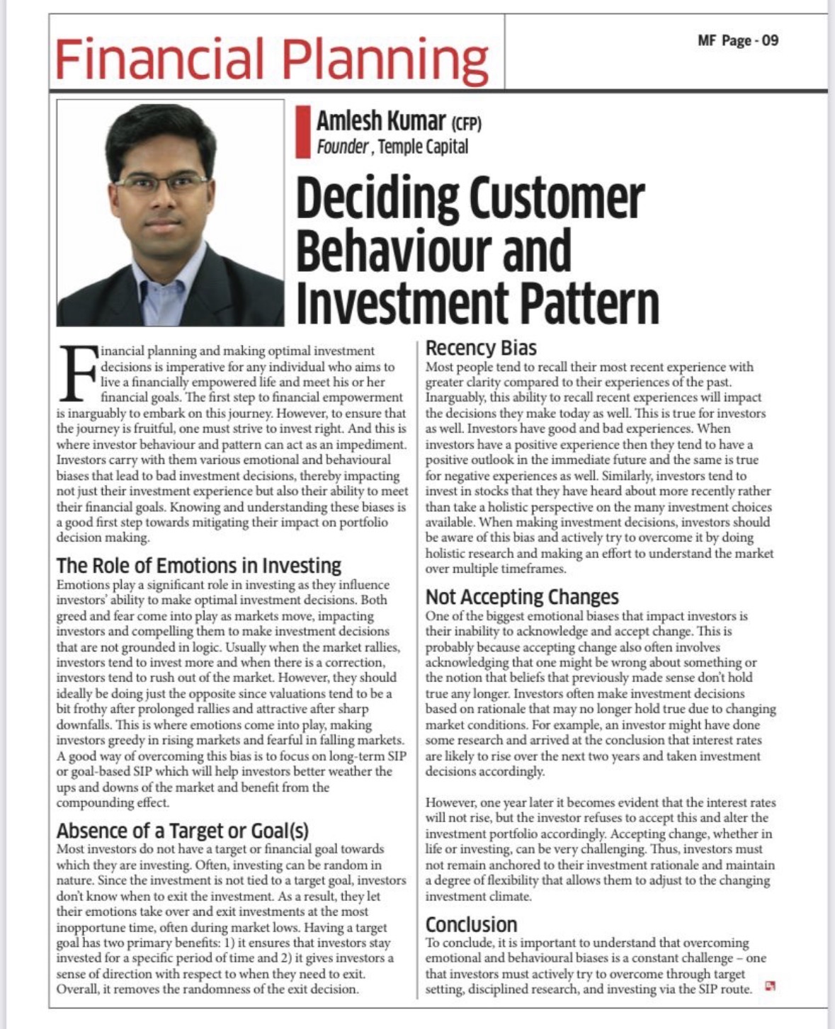 Dalal Street Financial Journal article Deciding Customer Behaviour and Investment Pattern with Amlesh Kumar's portrait